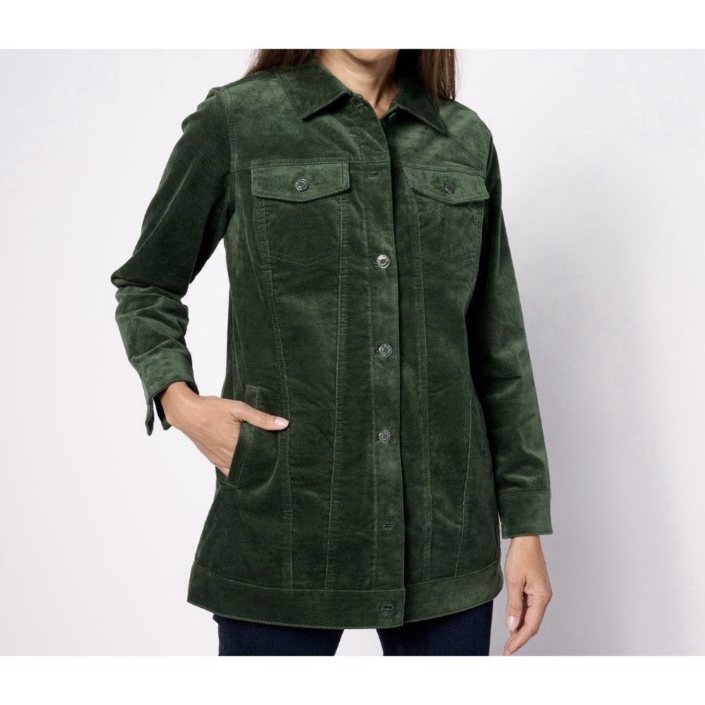 Denim & Co. Regular Stretch Velveteen Long Jacket Dark Green XL New